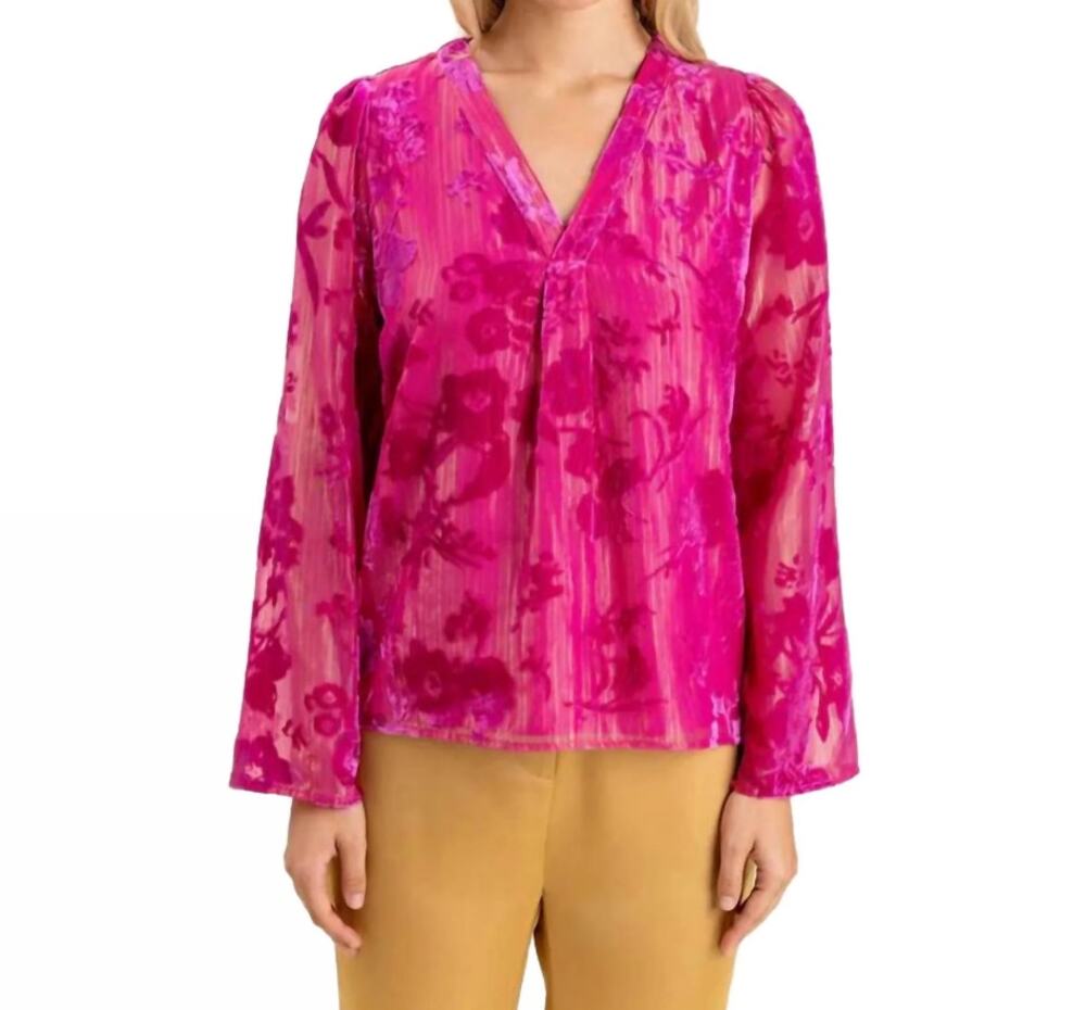 S'Edge Jolie V Neck Long Sleeve Pink Metallic Floral Jacquard Top Womens Medium